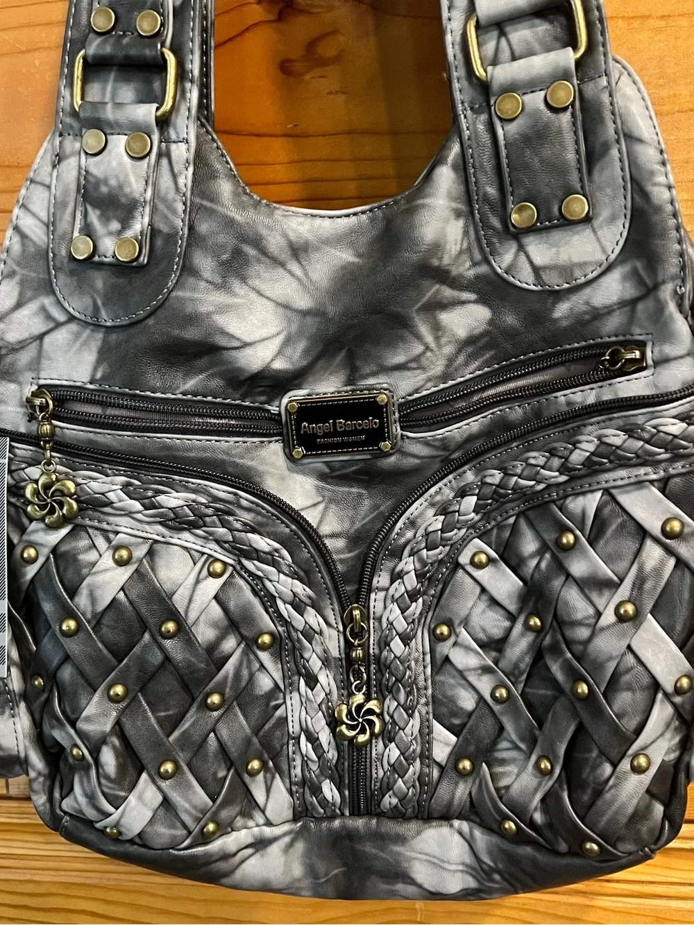 NWT Angel Barcelo Tie-Dye Hobo Shoulder Bag Gray Black Multi Pocket Woven Boho